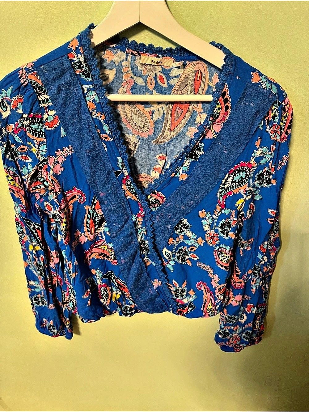 Free People Paisley Lace Trim Blouse in Blue Size Medium